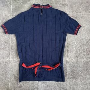 Women's Vintage 70's Countdown Navy Blue Red Striped Belted Sweater Shirt Sz S